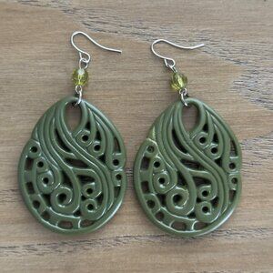 Handcrafted Olive Green Acrylic Dangle Earrings Beaded Silver Tone Hooks Plastic